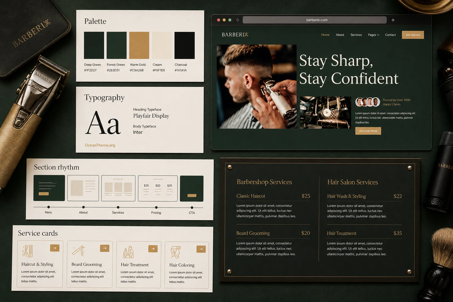 Breakdown of the Barberix design system by palette, typography, hero section, and service cards