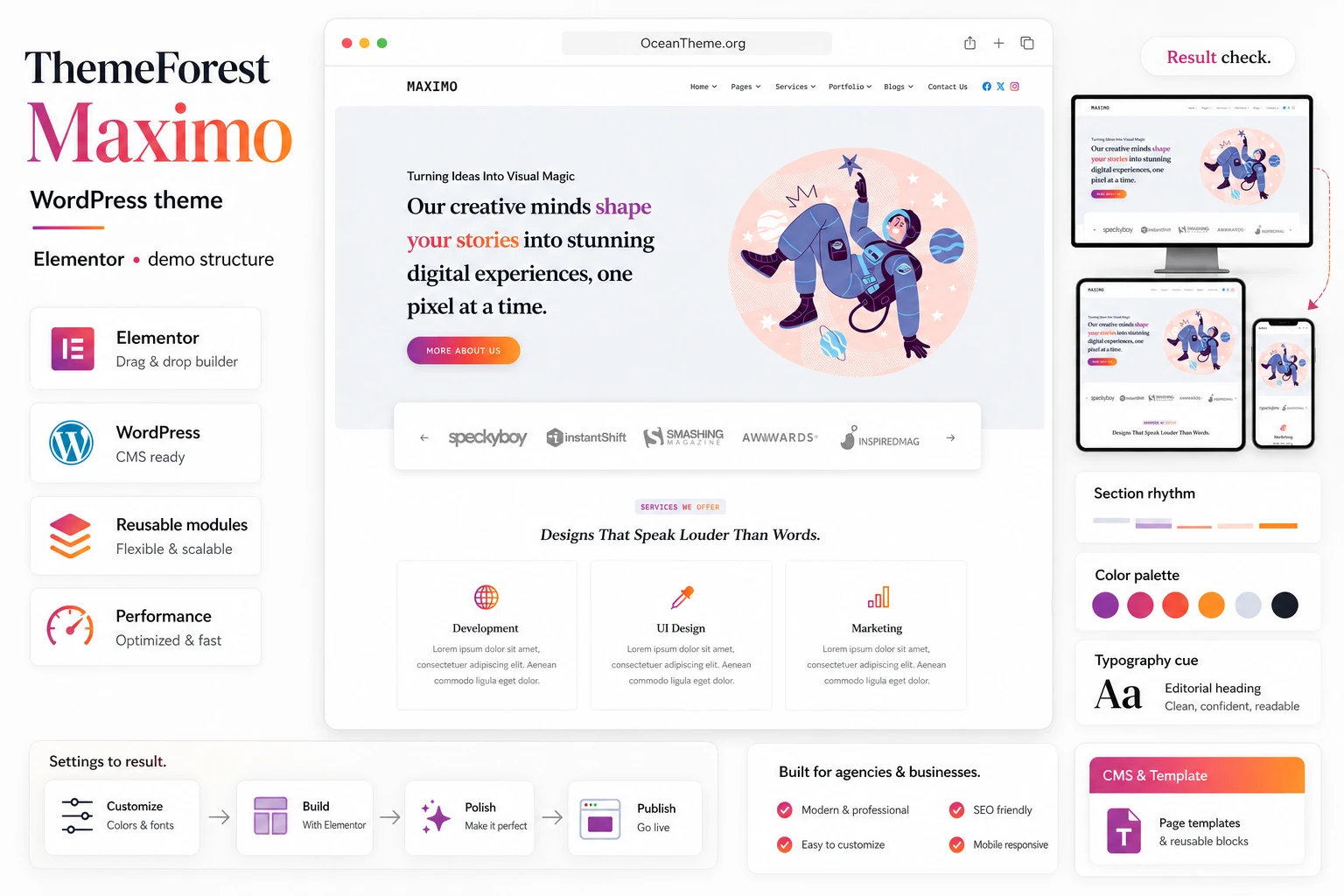 ThemeForest Maximo as a WordPress theme for an agency website with demo structure and Elementor