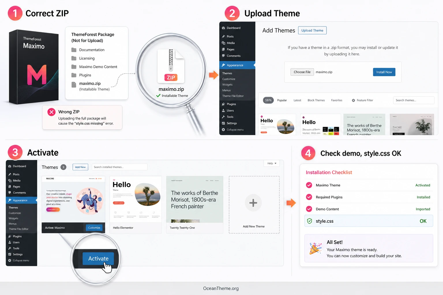 ThemeForest Maximo installation path in WordPress and installable ZIP check