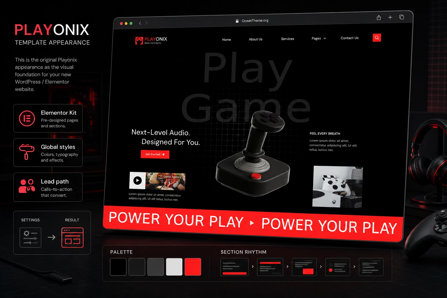 Cover image for the ThemeForest Playonix guide featuring the actual top section of the template and gaming-focused visual accents