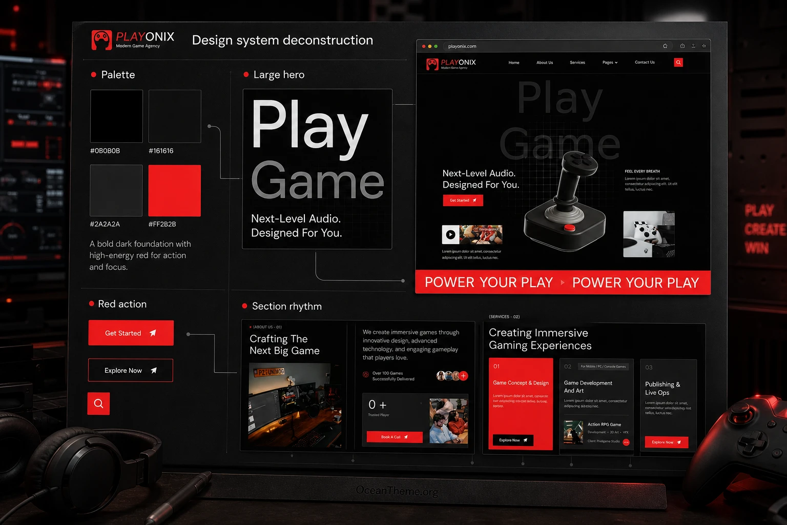 Breakdown of the Playonix design system with palette, typography, hero block, and section rhythm