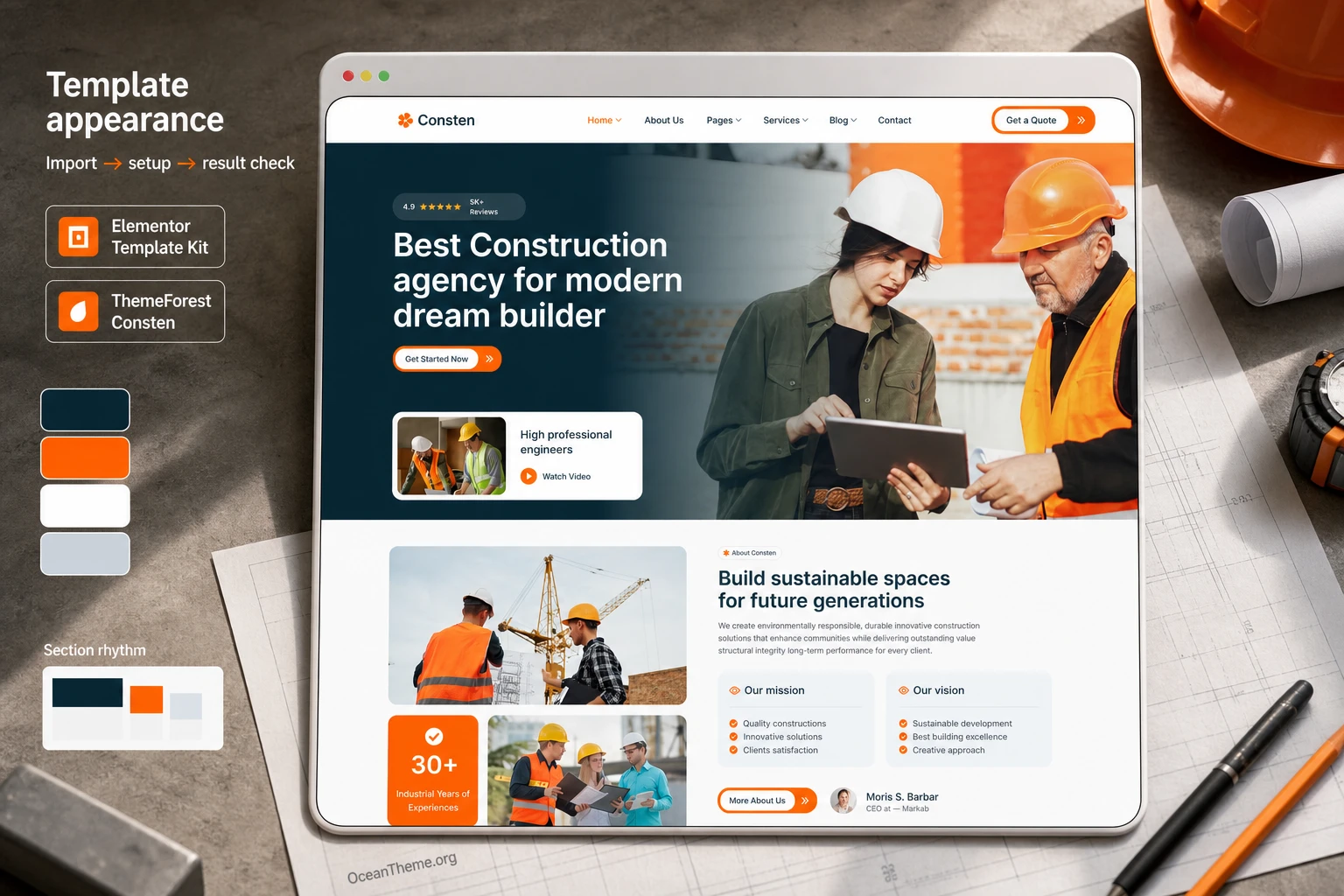 ThemeForest Consten on the guide cover with the actual hero section of the construction template