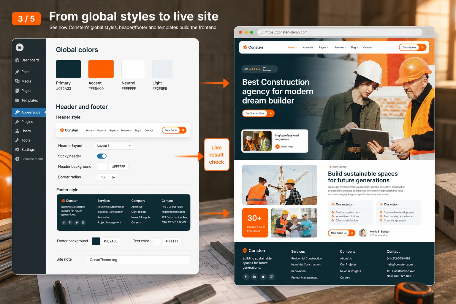 How Consten global styles header and footer connect to the final site appearance