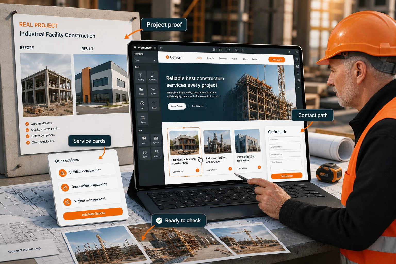Practical ThemeForest Consten setup workflow for a construction contractor page