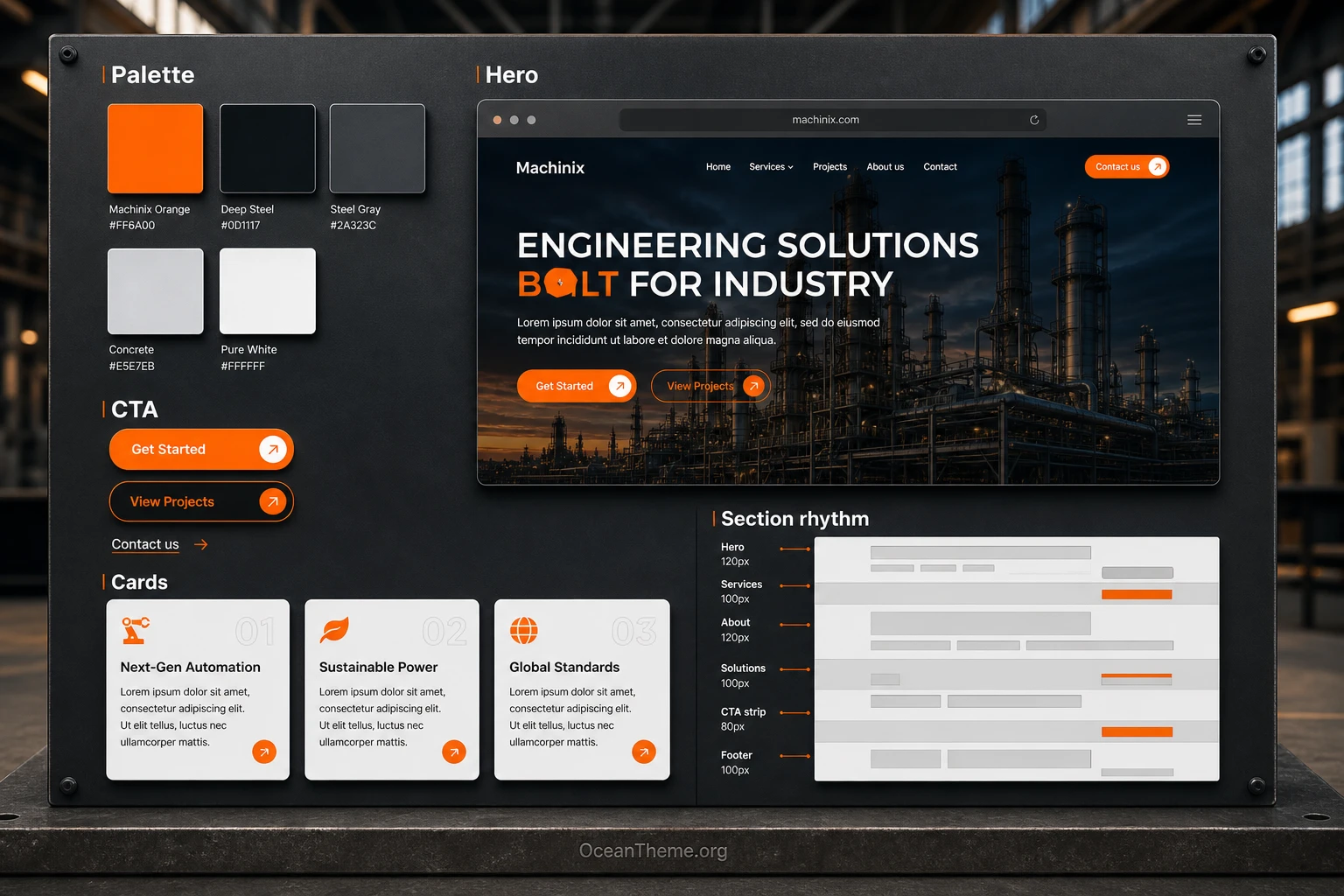 Breakdown of the ThemeForest Machinix design system: palette, hero area, cards, and section rhythm