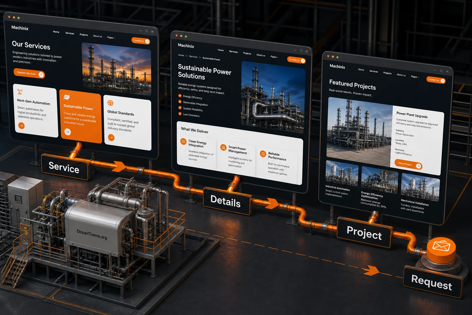 Example of how services and projects pages connect in Machinix for a manufacturing company