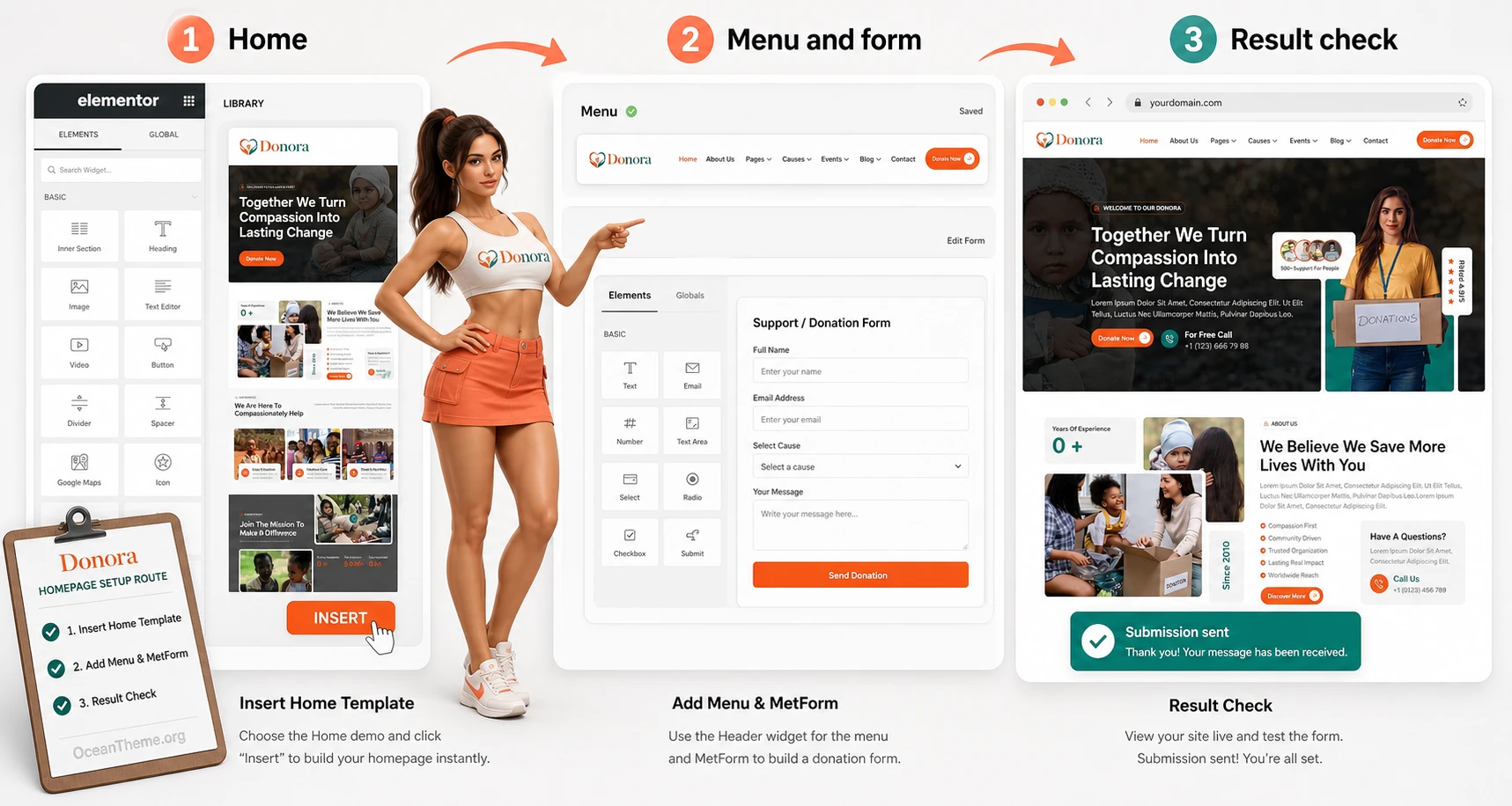 Practical ThemeForest Donora setup example: homepage, menu, form, and outcome check
