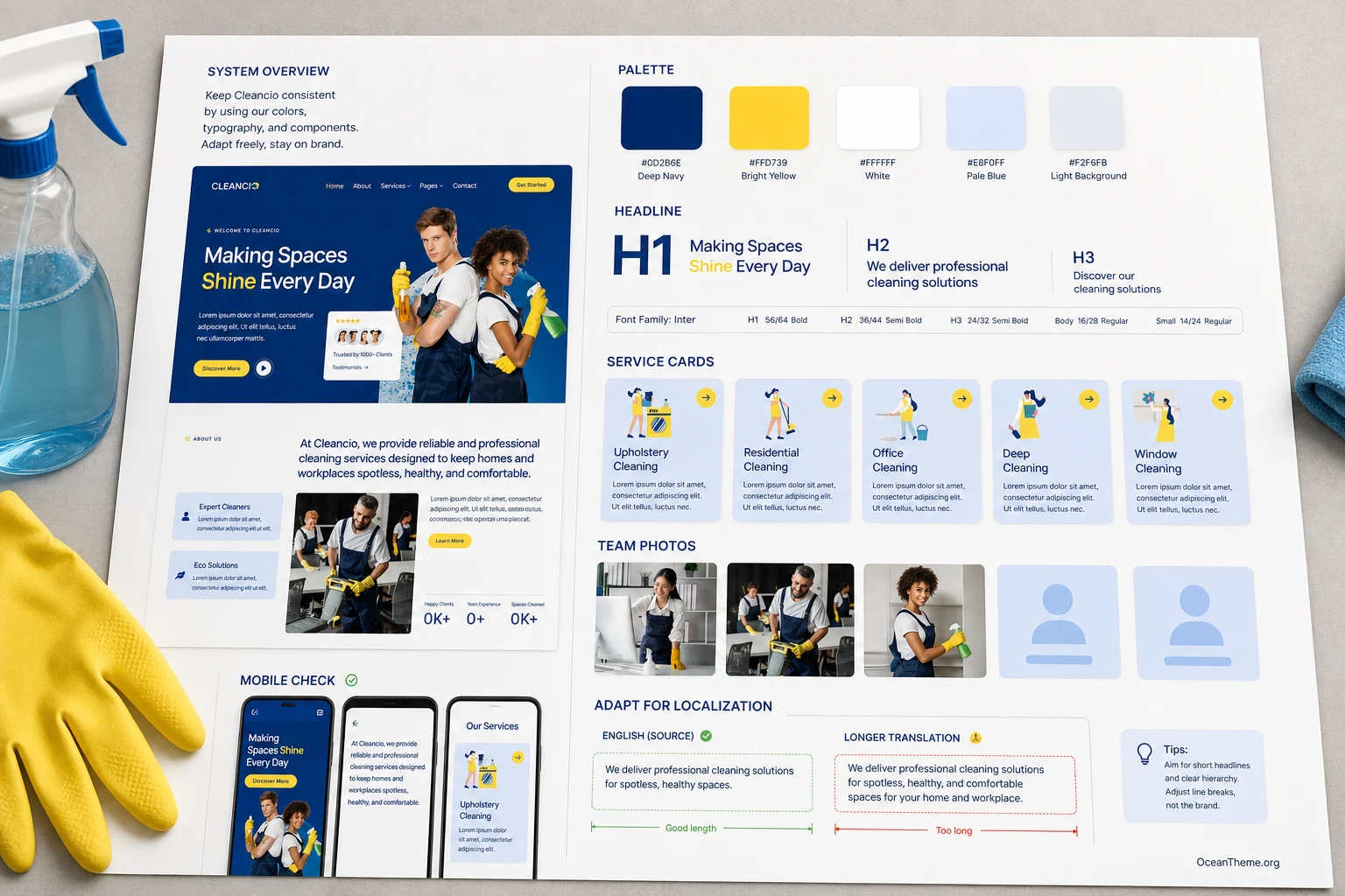 Breakdown of the ThemeForest Cleancio design system with palette, typography, and sections