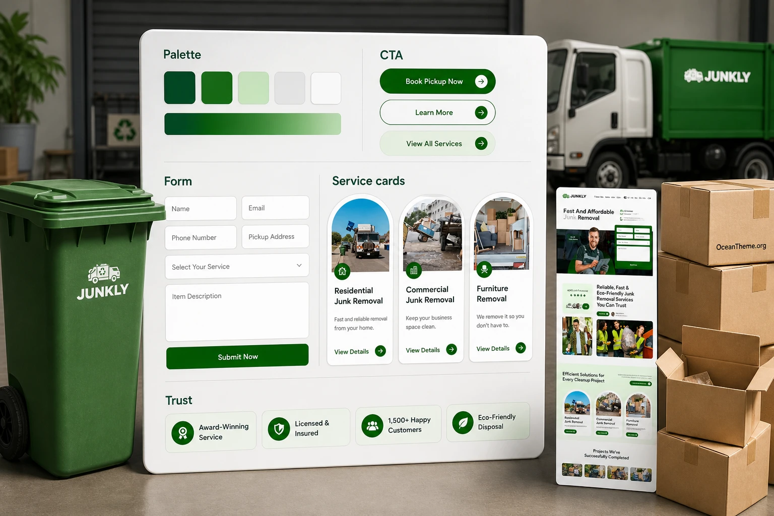Breakdown of the ThemeForest Junkly design system for a green junk removal website