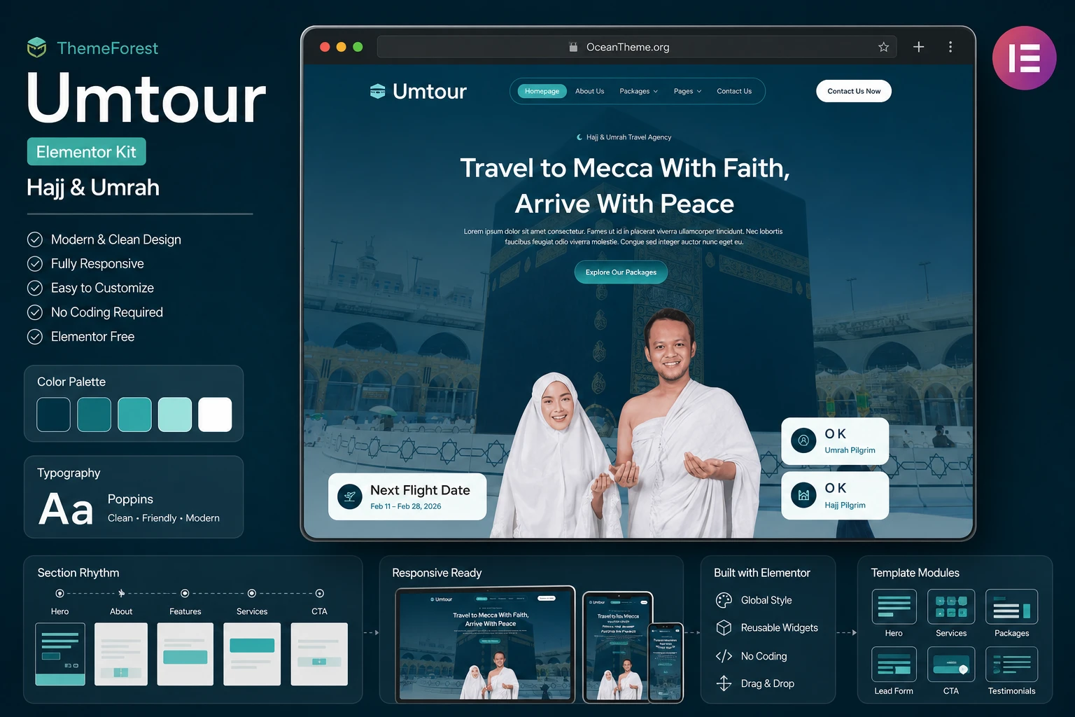 ThemeForest Umtour in a browser layout with the hero section of a Hajj and Umrah website
