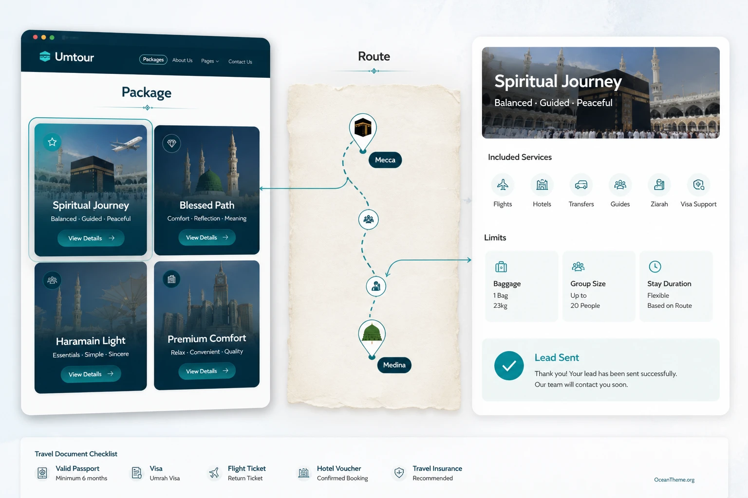 Hajj and Umrah package cards in the Umtour Elementor template with trip details