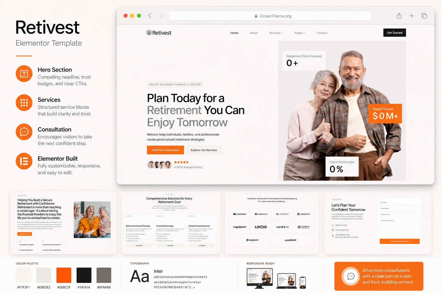 ThemeForest Retivest as a cover-style preview with a hero section and retirement advisor content blocks