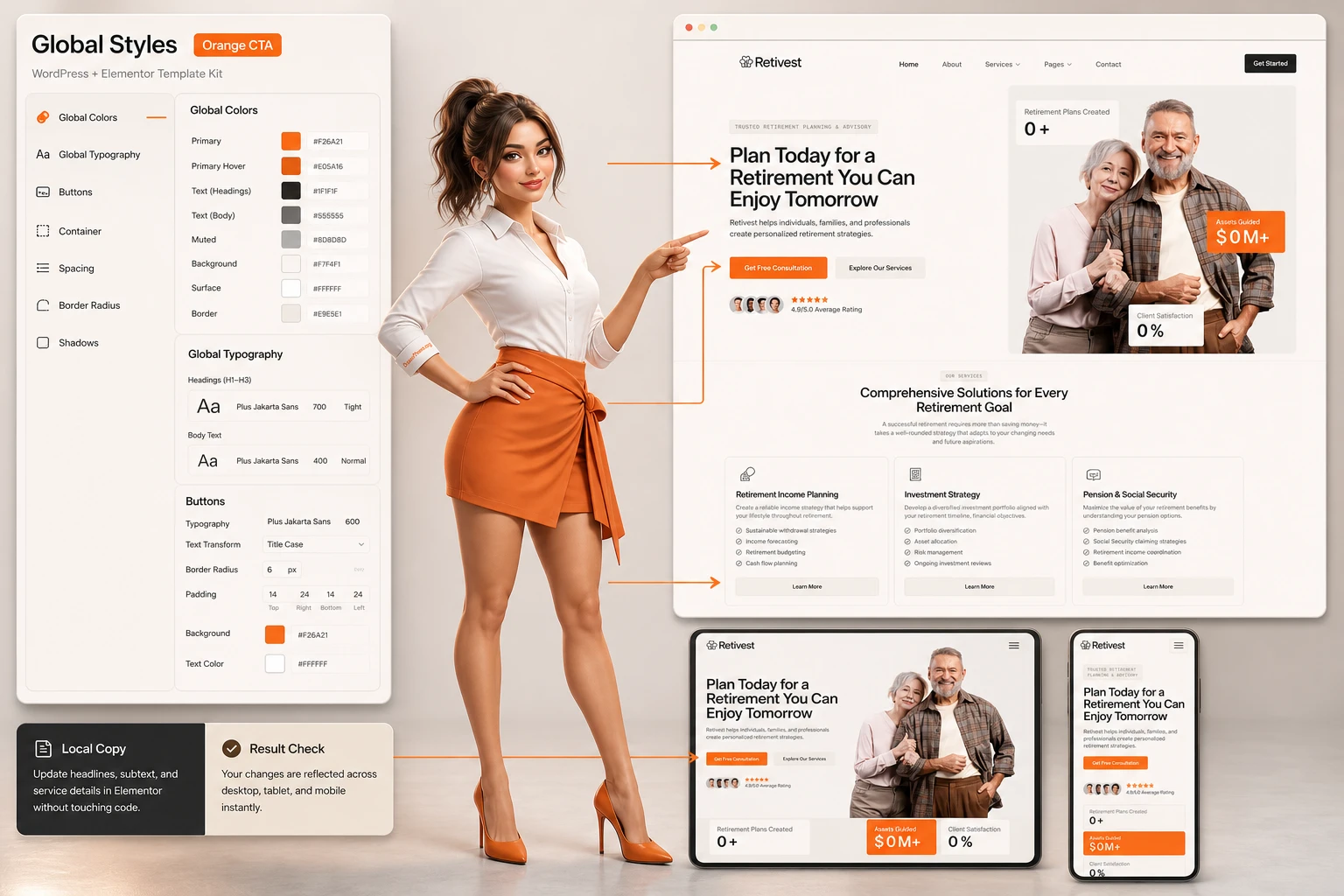 Adjusting Retivest global colors and responsive sections in Elementor with the final on-site appearance