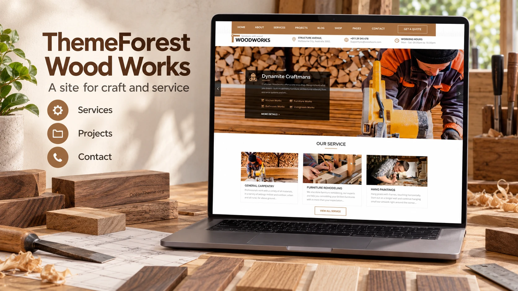 ThemeForest Wood Works guide cover showing the woodworking theme's original look
