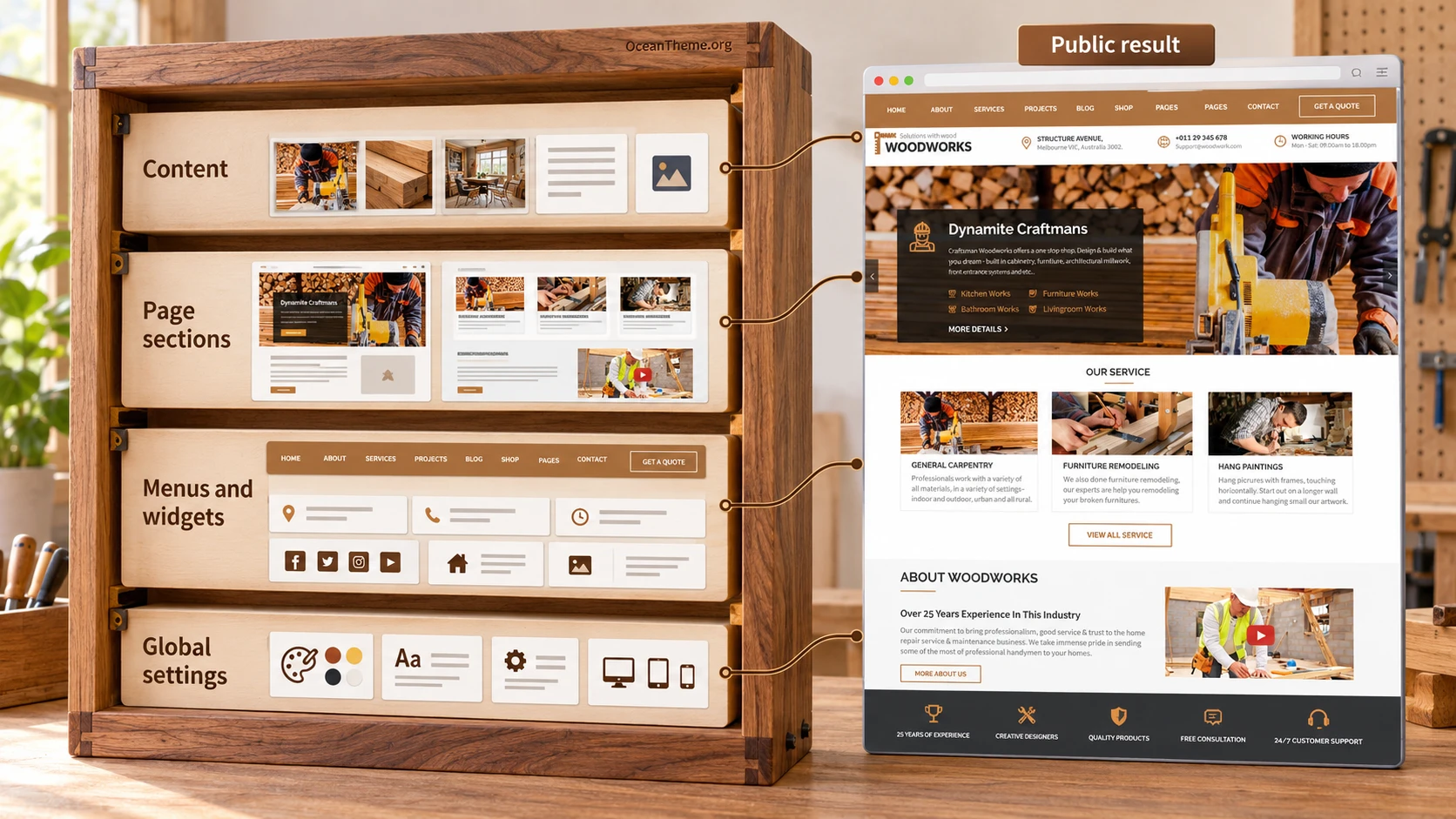 A diagram of how a ThemeForest Wood Works page is assembled from content, sections, menus, and settings