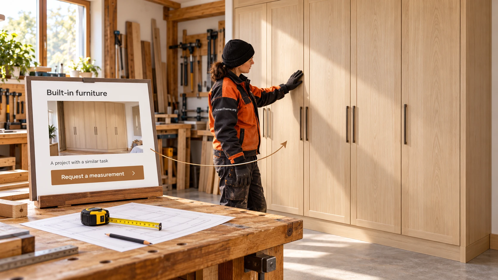 A practical custom cabinetry website example using ThemeForest Wood Works, from service page to inquiry