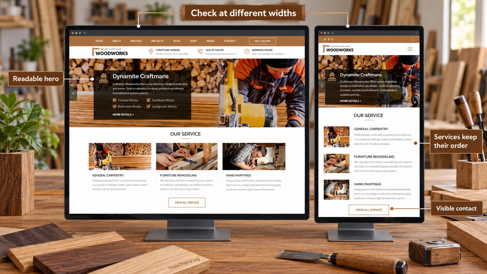 Checking ThemeForest Wood Works at different screen widths after adjusting contrast