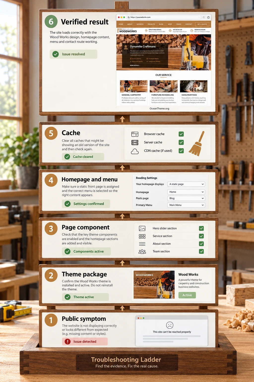 A ThemeForest Wood Works troubleshooting diagram, from a page symptom to settings checks and a confirmed fix