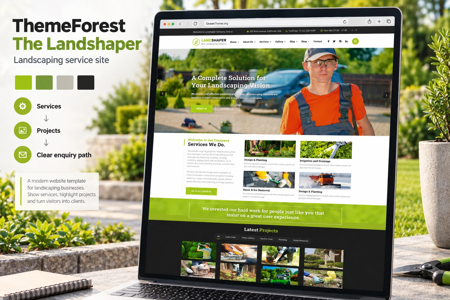 ThemeForest The Landshaper guide cover showing the theme’s distinctive green and white layout for landscaping services