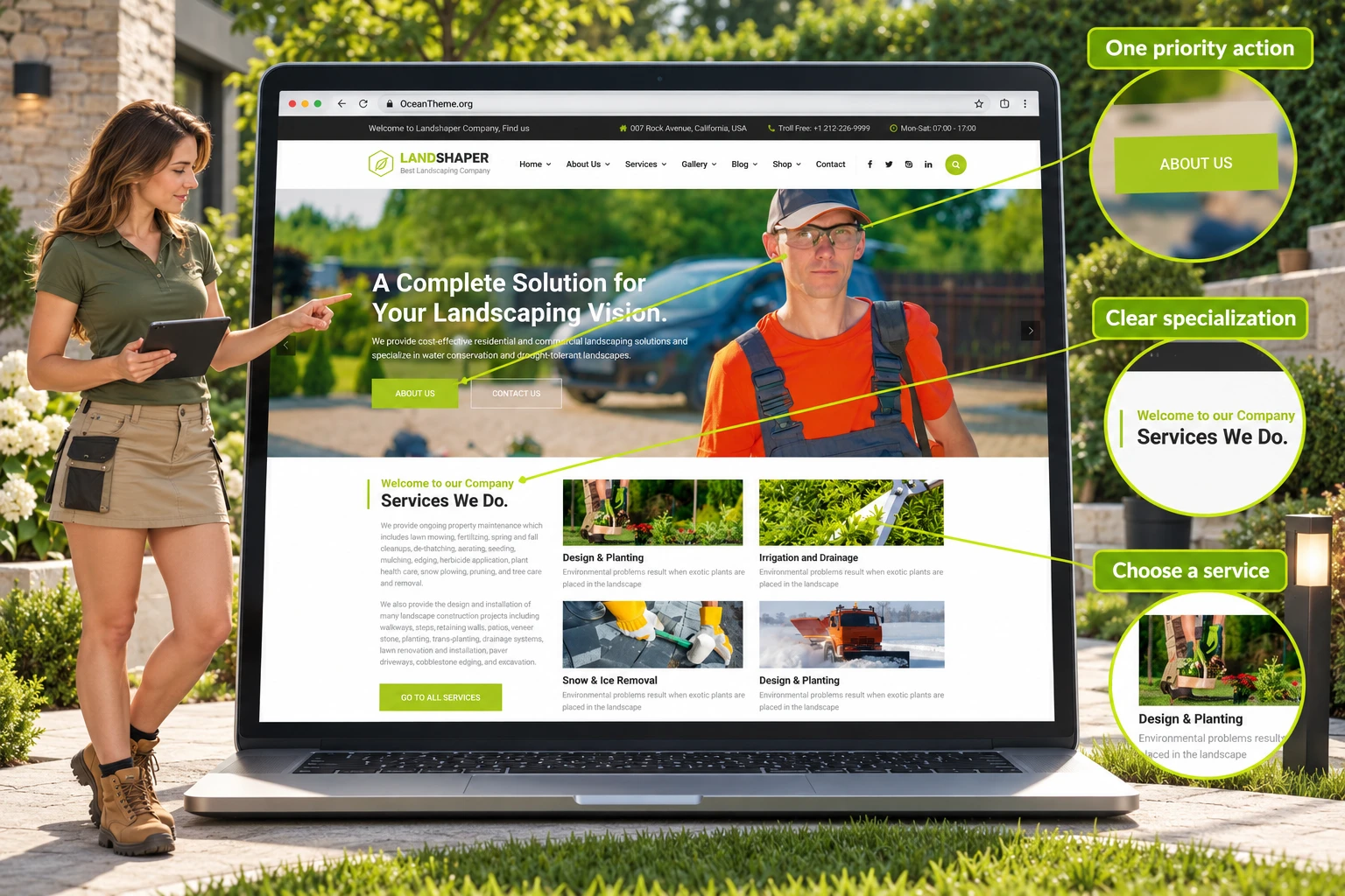 A breakdown of the ThemeForest The Landshaper hero with navigation, headline, action button, and services section