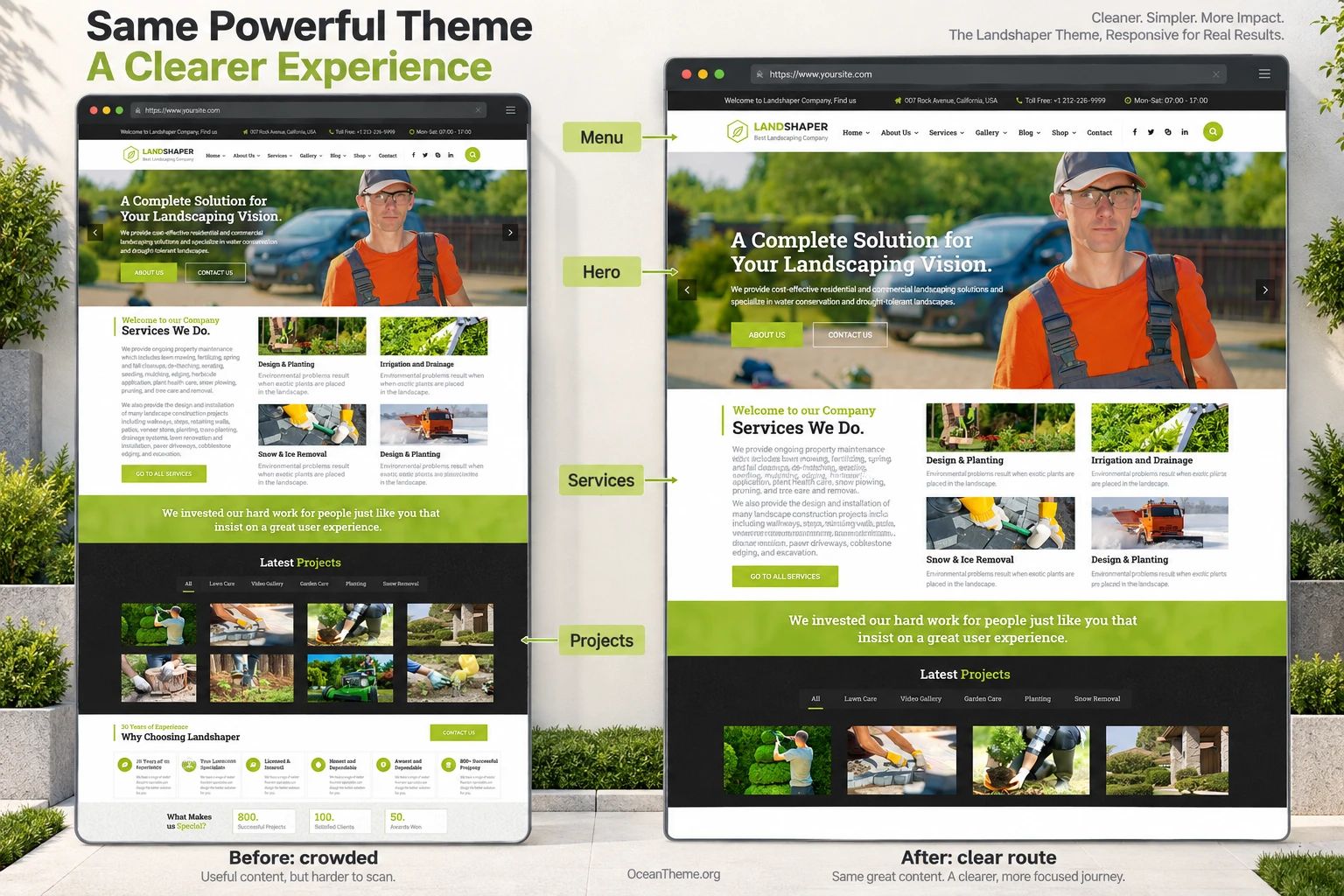 A responsive check of the ThemeForest The Landshaper site, including the hero, service cards, and portfolio