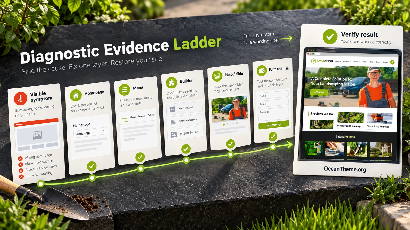 A ThemeForest The Landshaper troubleshooting diagram from a site symptom to checks of the theme, builder, form, and outcome
