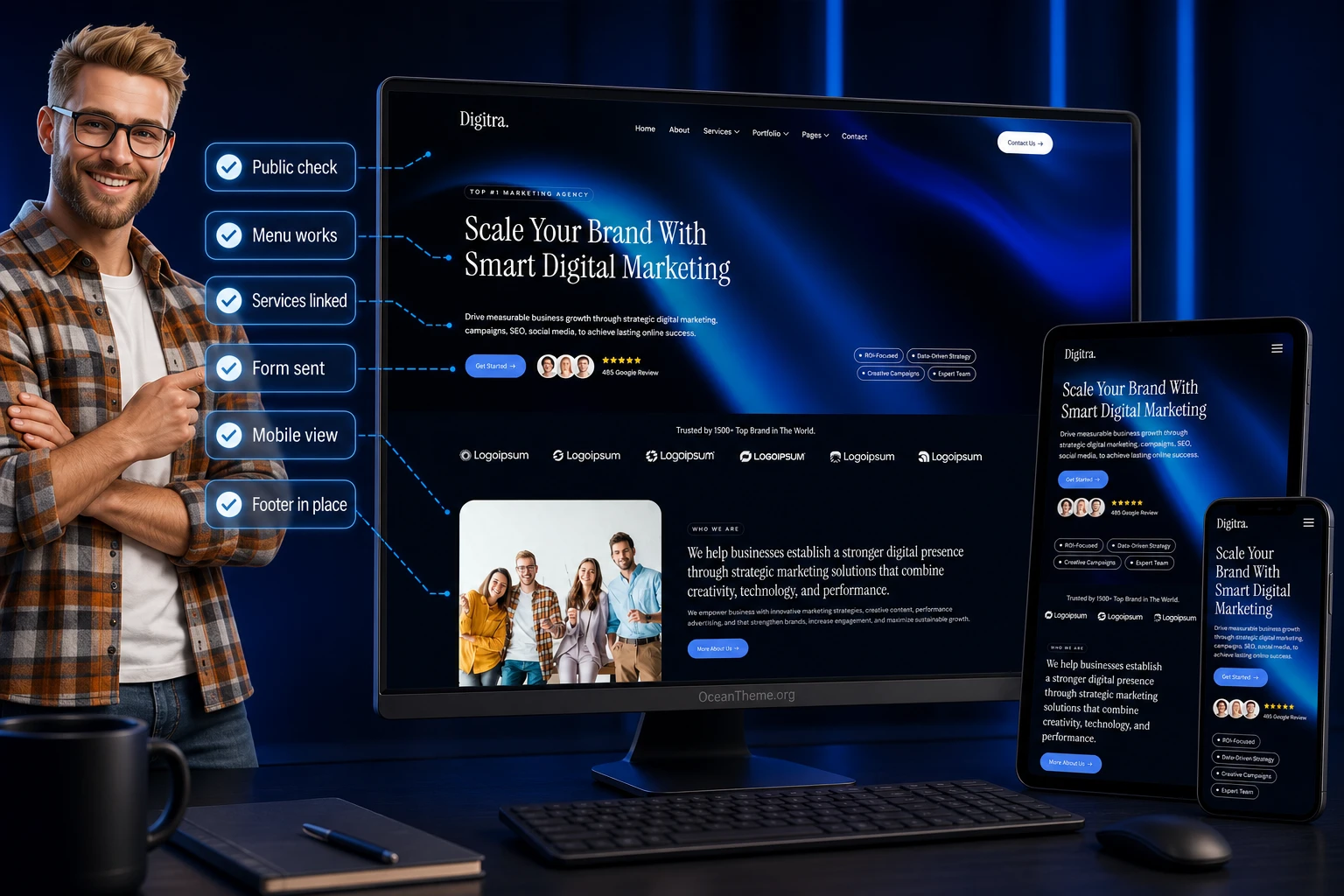 Reviewing a published ThemeForest Digitra site after setup