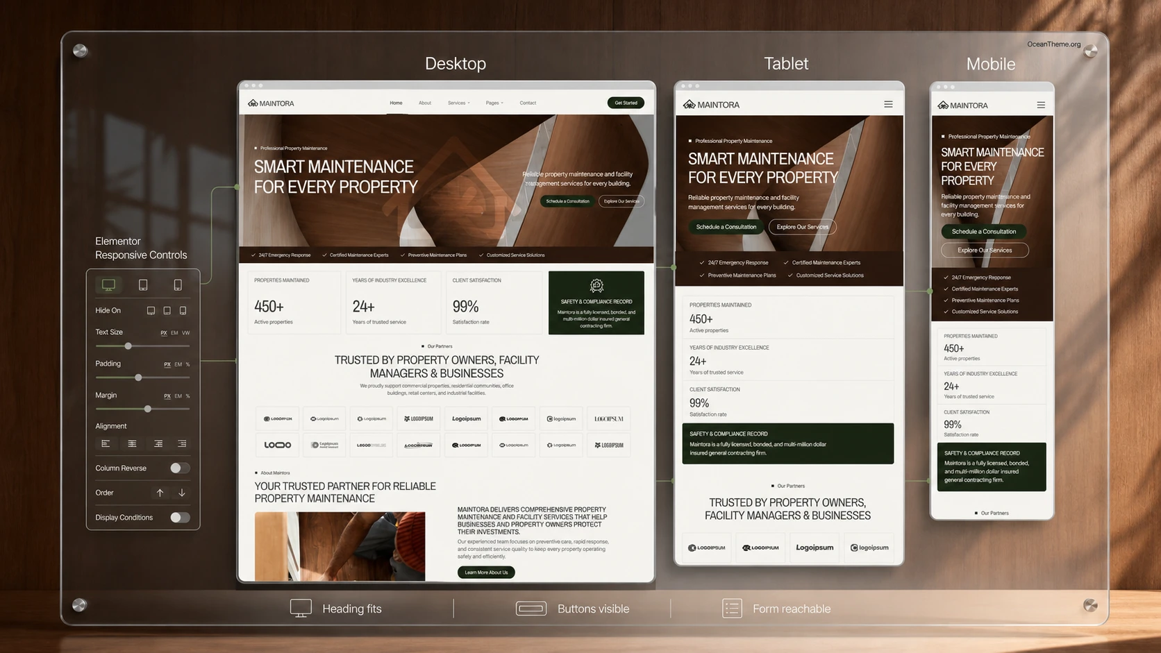 Reviewing the Maintora layout on desktop, tablet, and mobile after Elementor setup