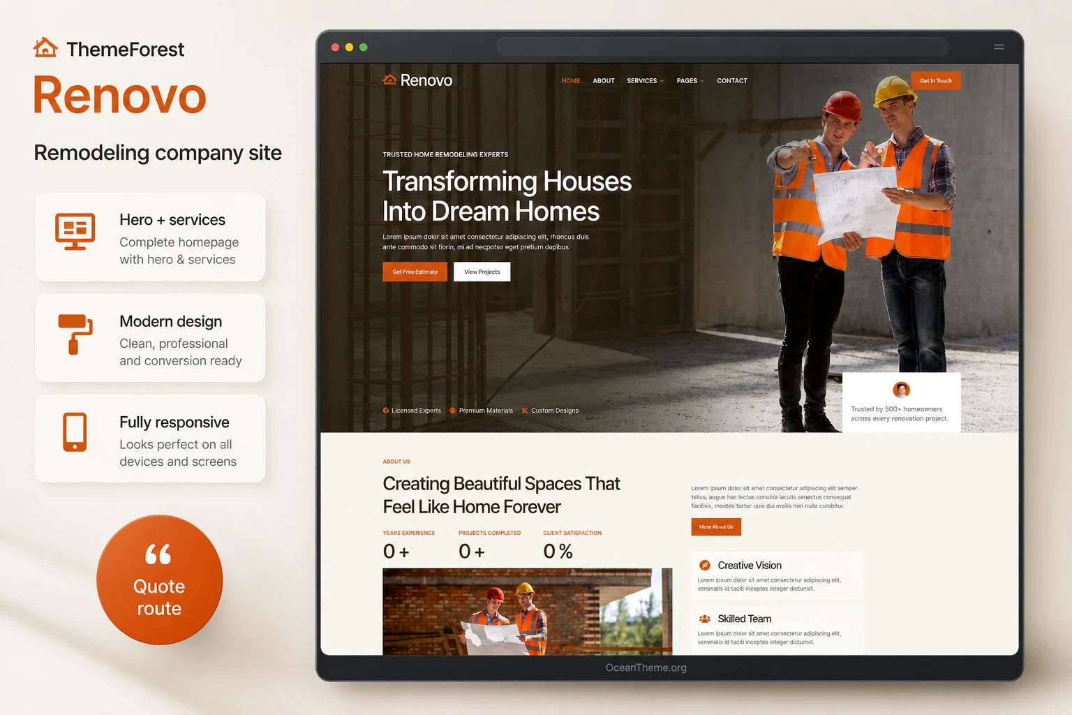 ThemeForest Renovo as a visual system for a remodeling company website