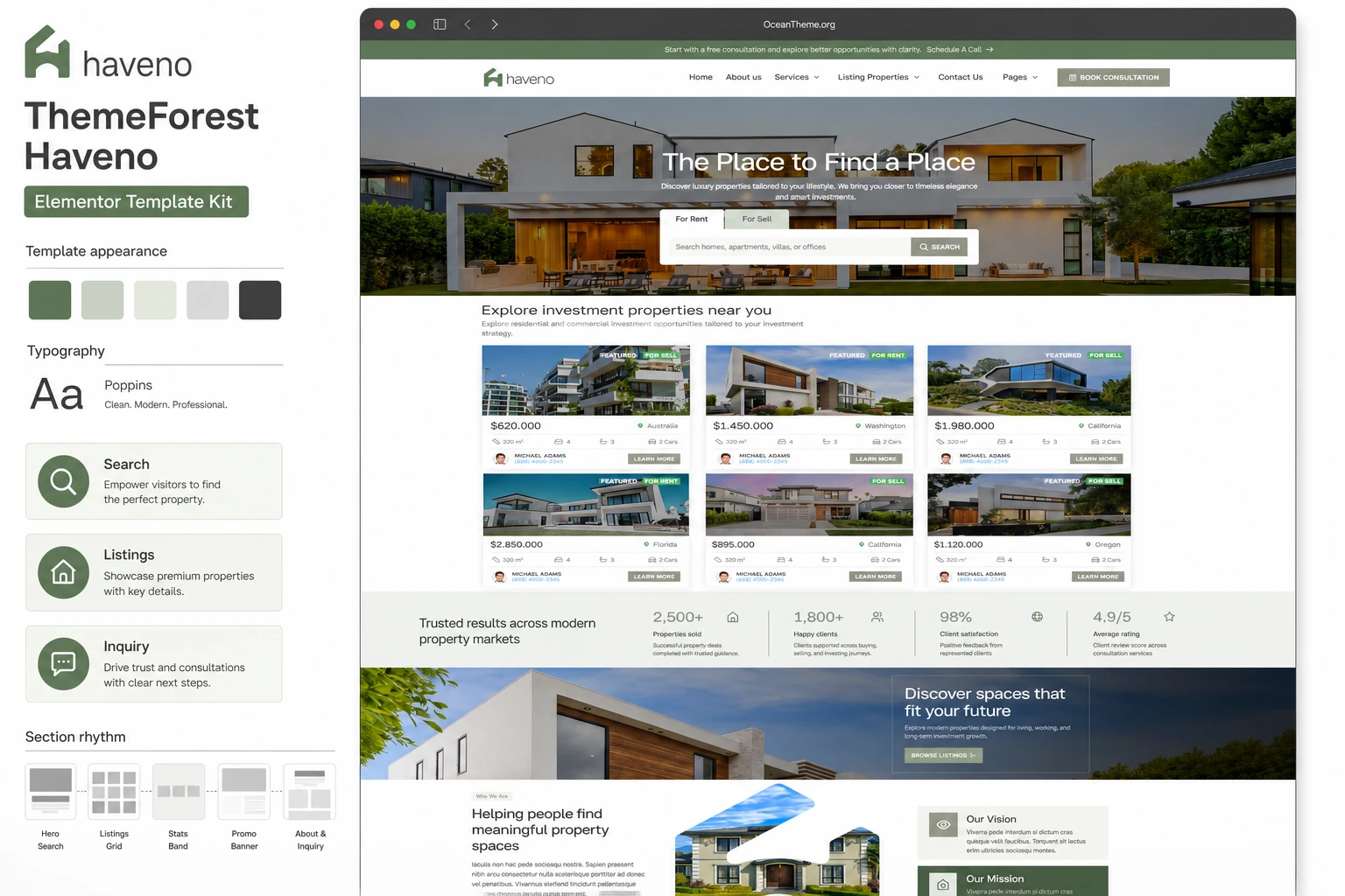 ThemeForest Haveno guide cover with the actual top section of the real estate template