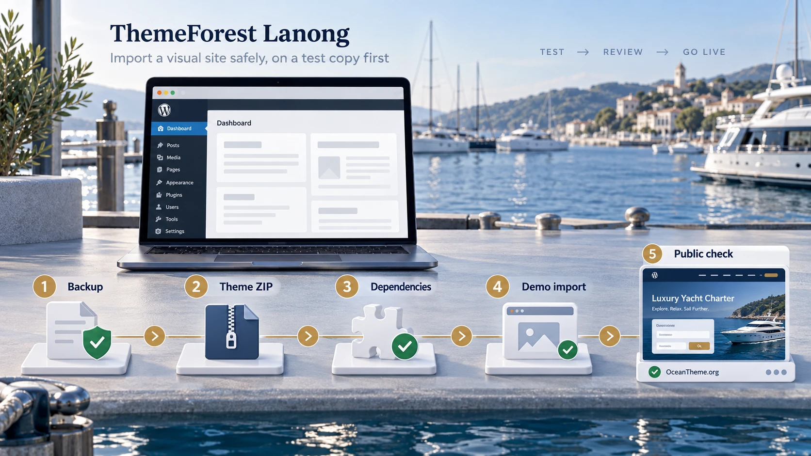 ThemeForest Lanong installation flow from staging copy to theme check