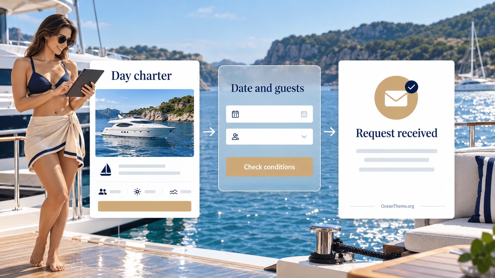 ThemeForest Lanong setup from a yacht service card to an inquiry outcome