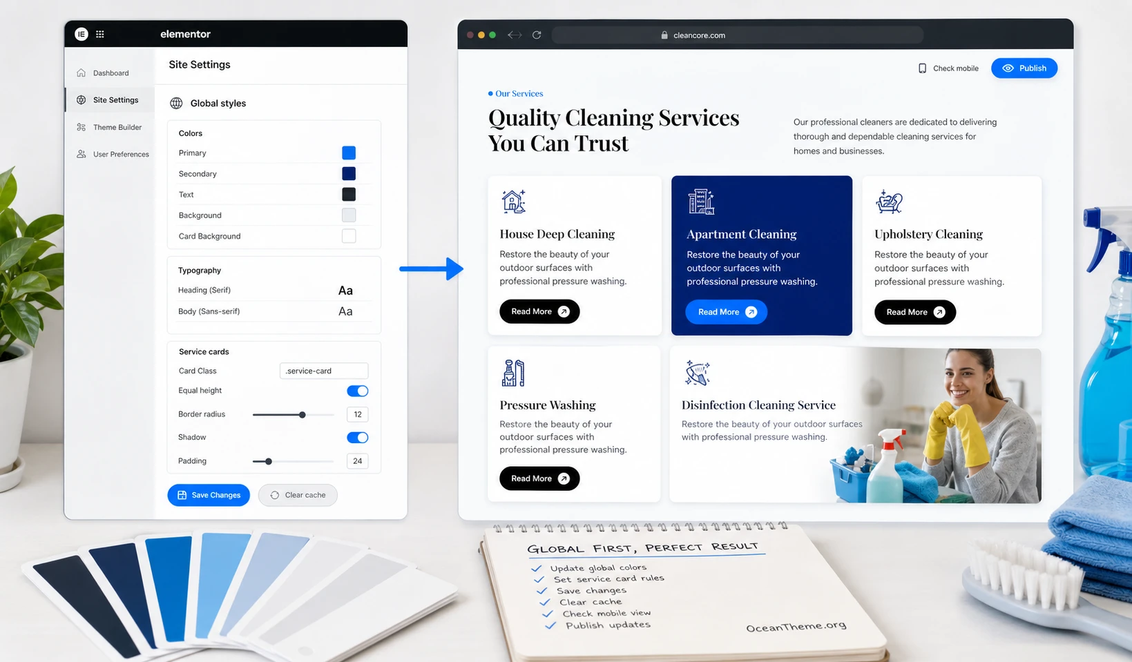 Configuring Cleancore global colors and service cards in Elementor