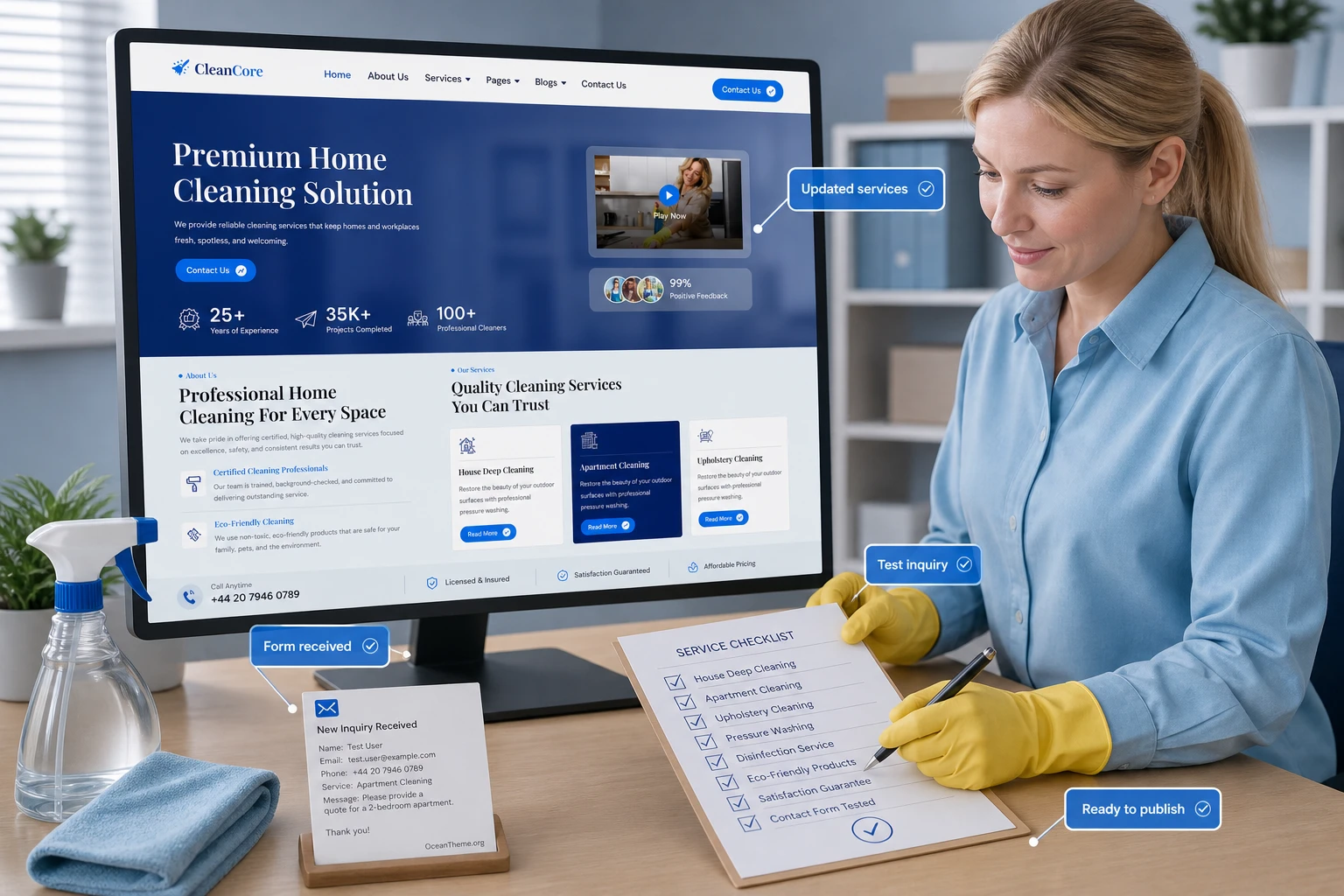 Practical example of setting up a cleaning service homepage with Cleancore
