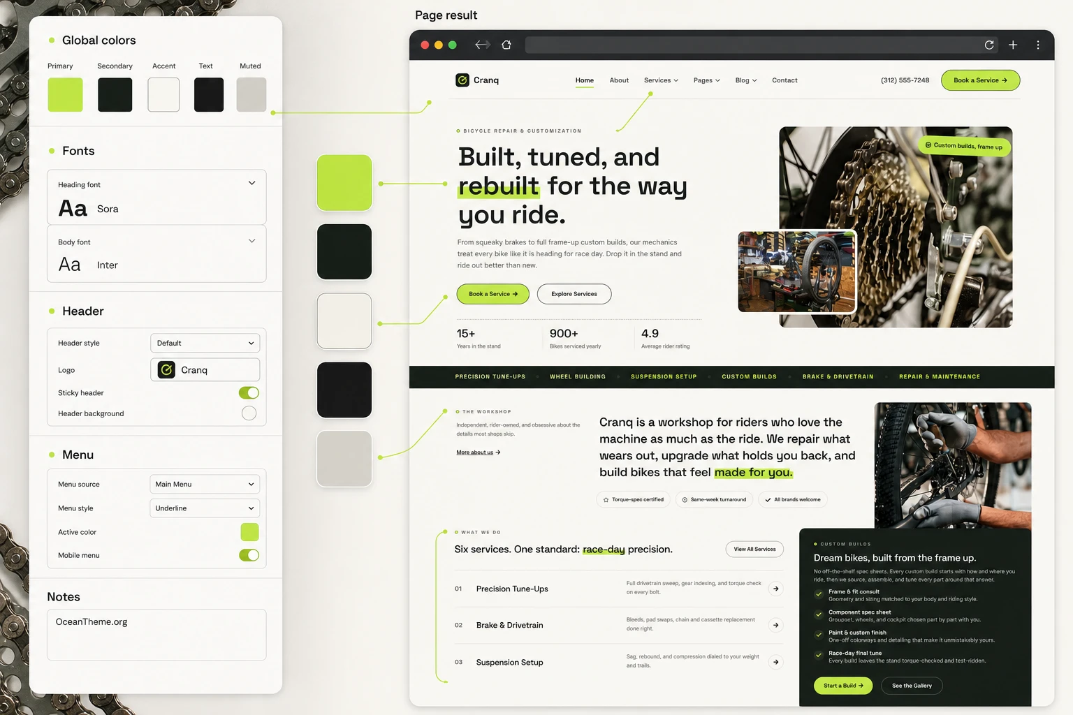 Map of color, typography, and menu setup in the Cranq template