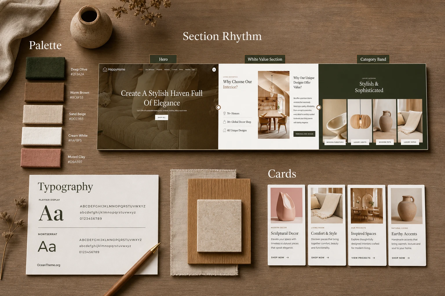 Diagram of the Happyhome design system with palette, typography, and homepage sections
