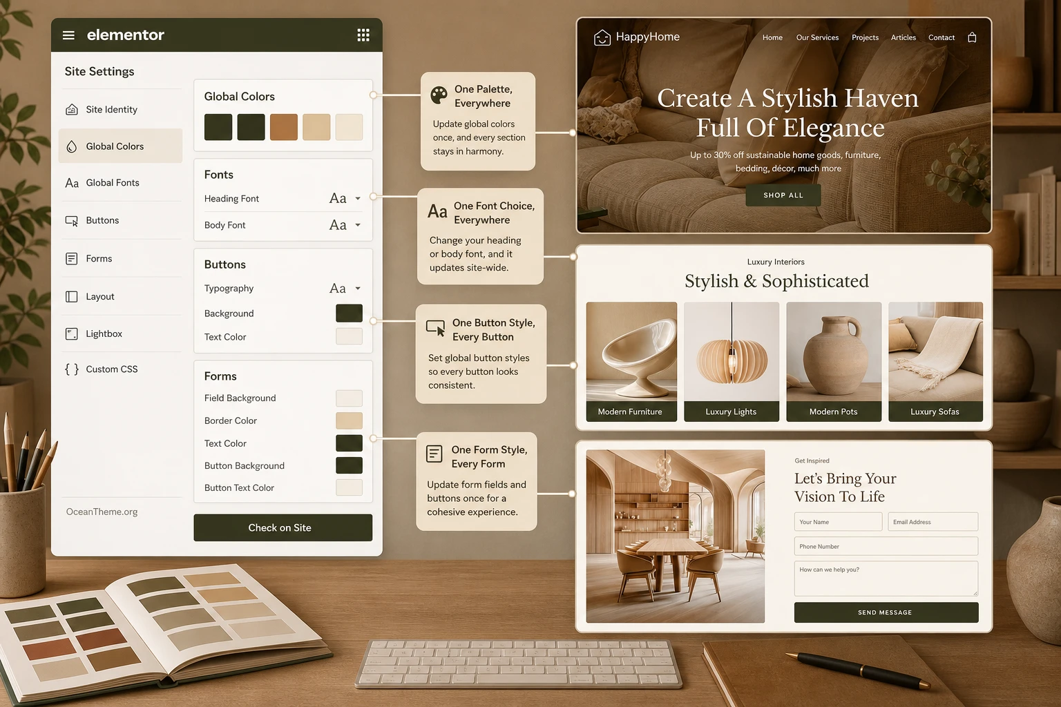 How Elementor global settings affect the look of Happyhome sections on the site