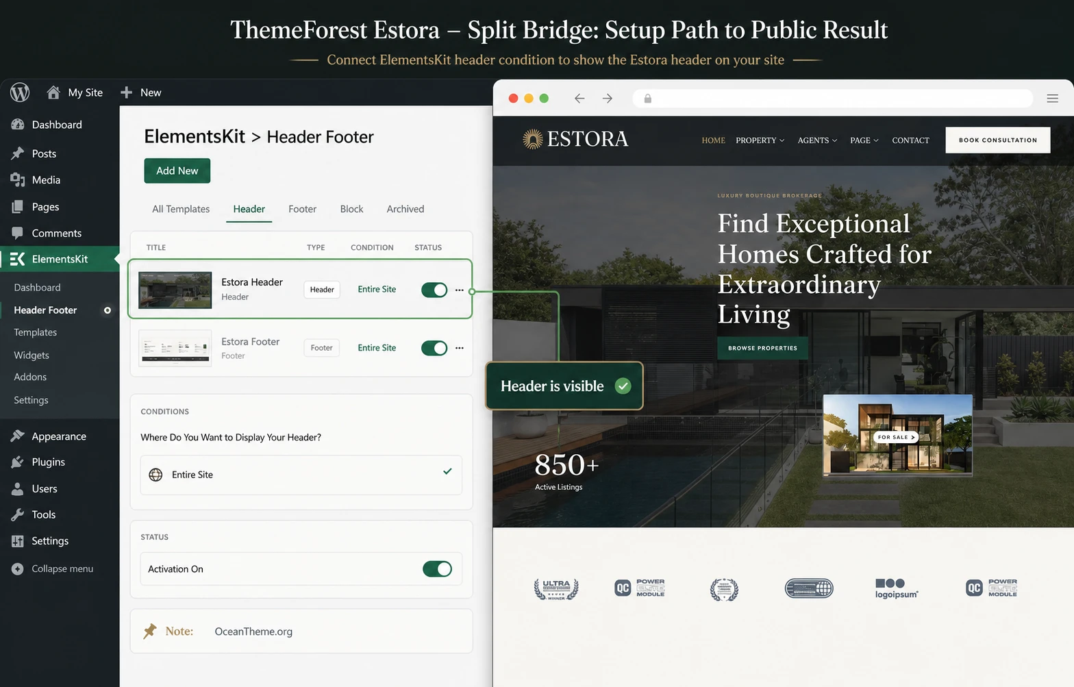 Configuring the Estora header and footer through ElementsKit Lite in WordPress