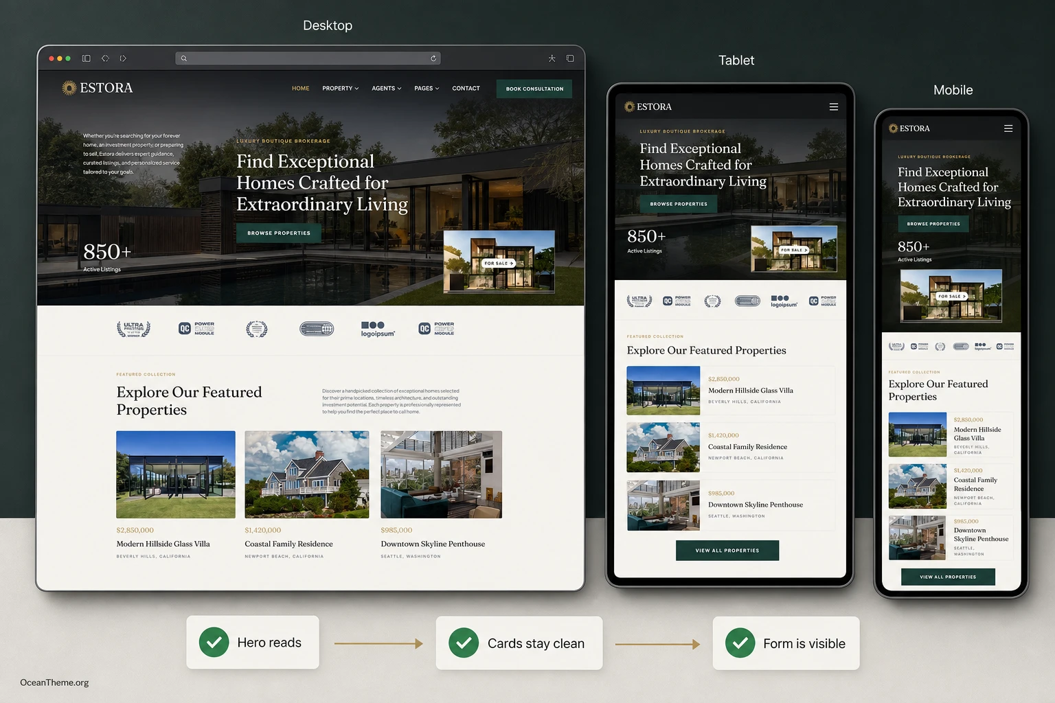 Responsive review of Estora for the homepage, property catalog, and inquiry form