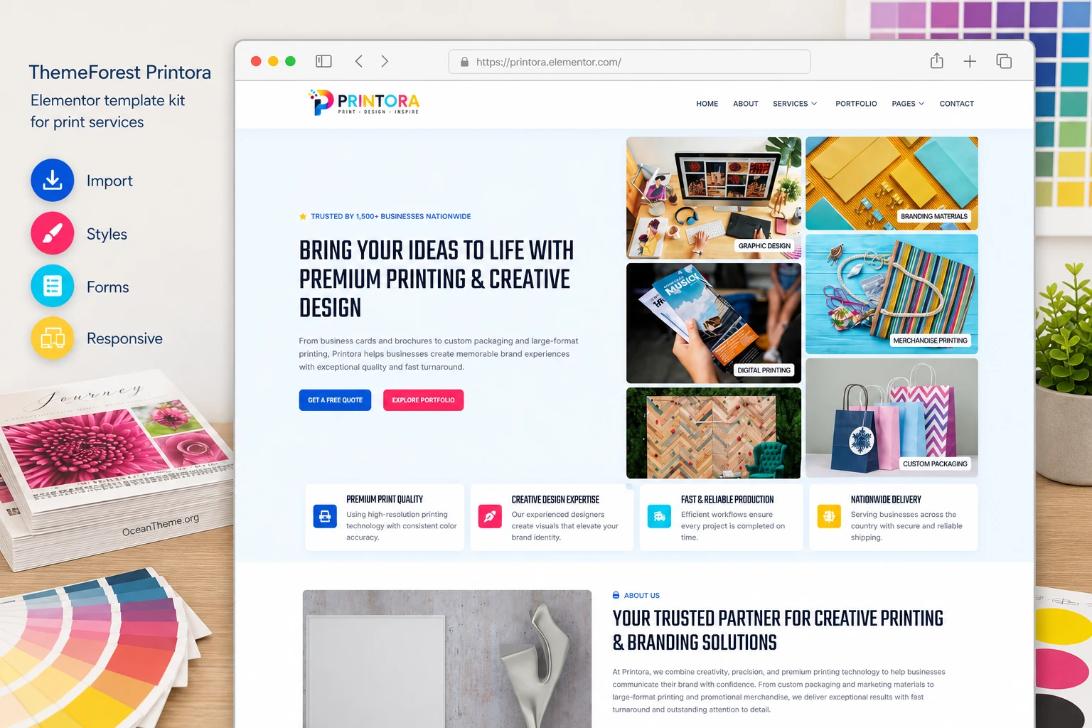 Guide cover for ThemeForest Printora showing the real top section of the template