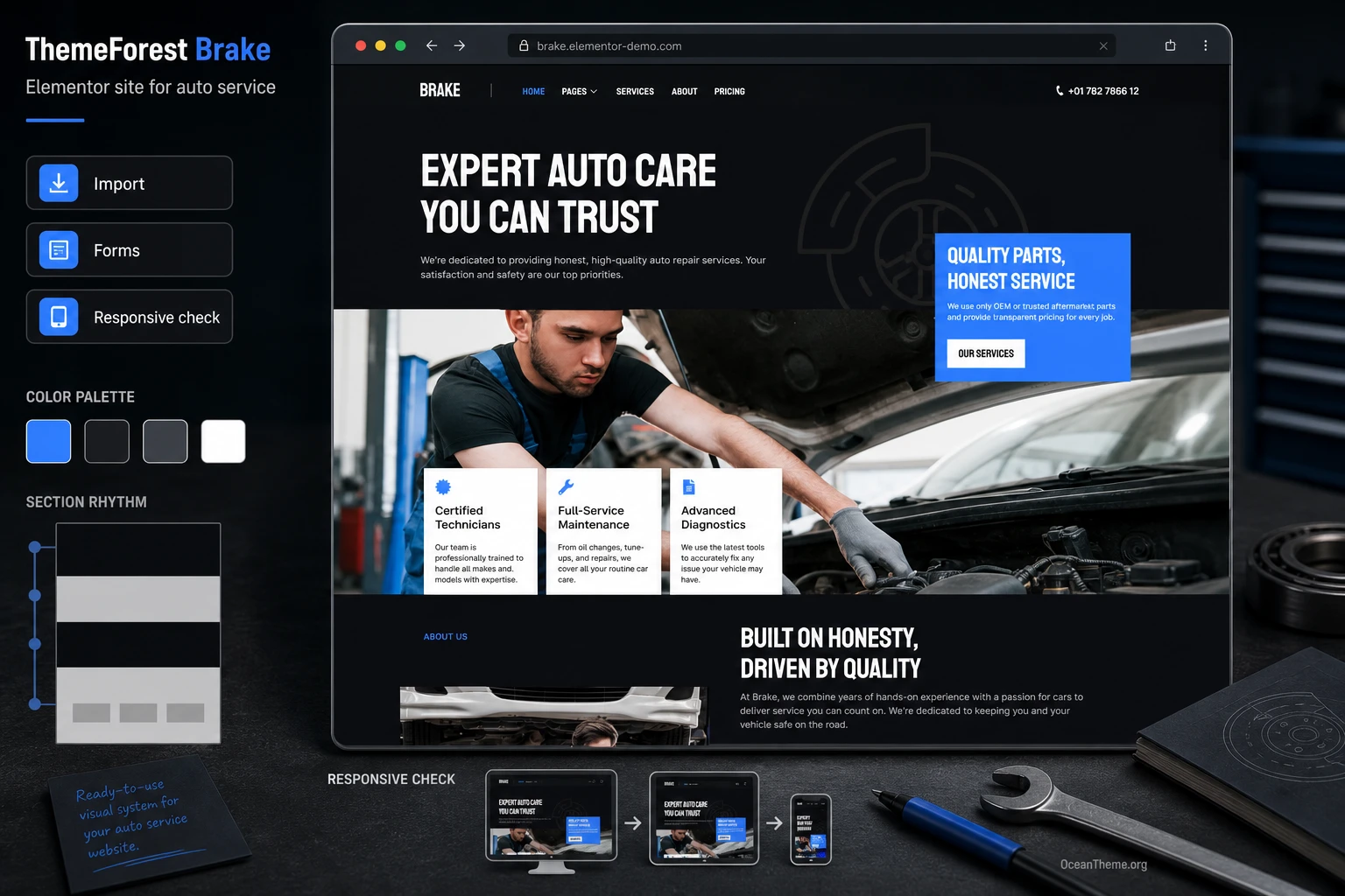 ThemeForest Brake guide cover with a homepage reference for an auto repair website