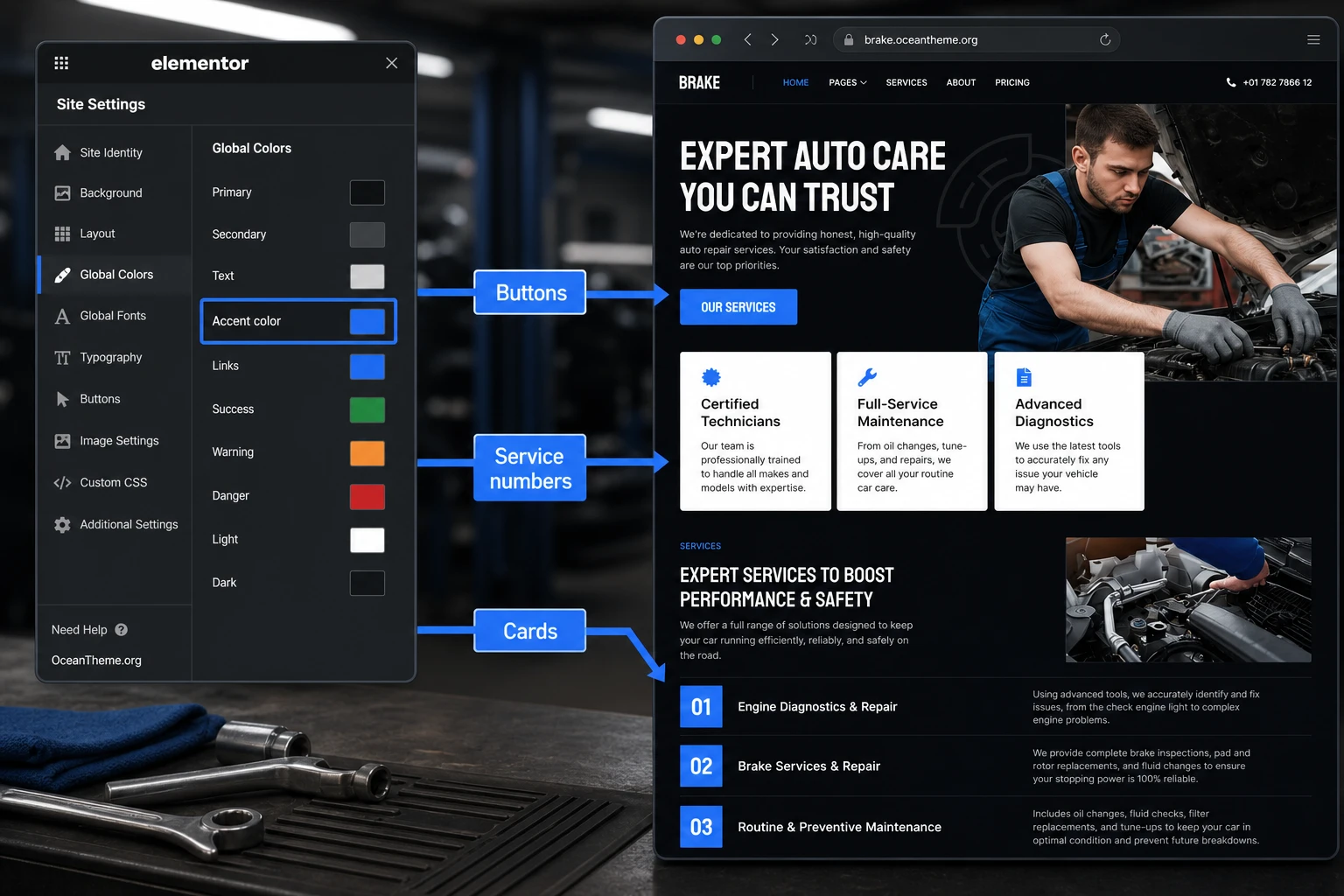 Relationship between Elementor global colors and the buttons and cards in the Brake template
