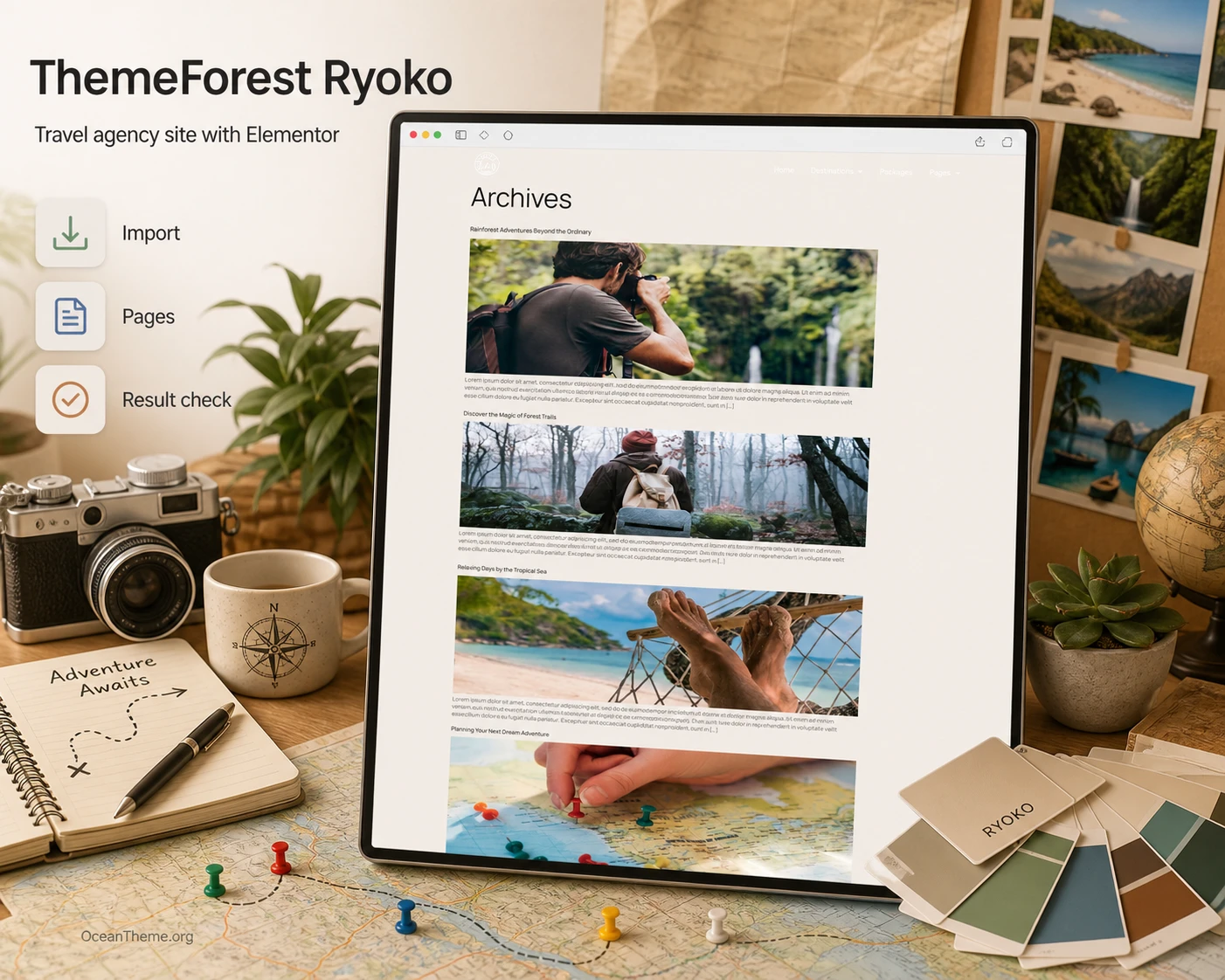 Cover image for the ThemeForest Ryoko guide with the template kit's travel design system