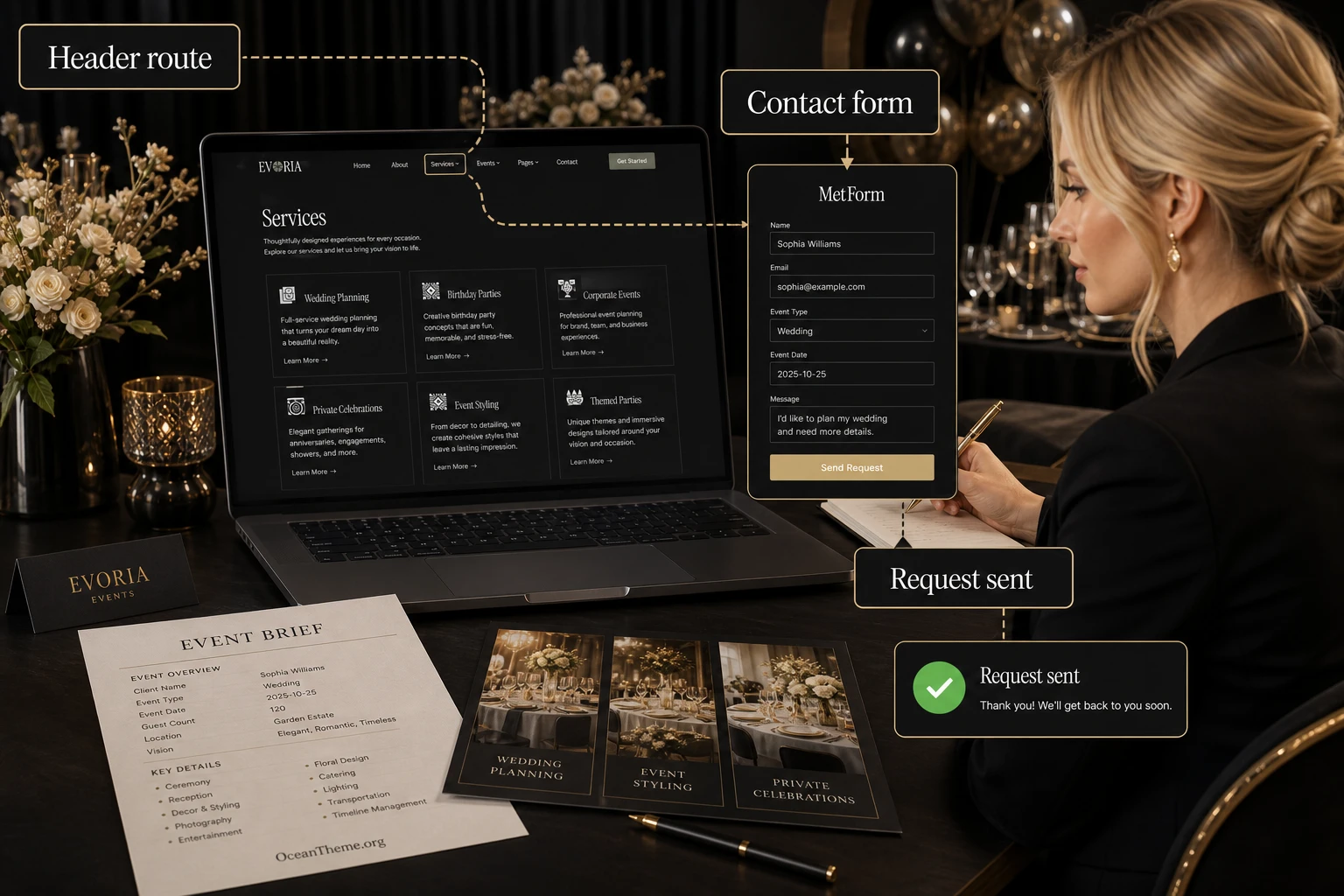 Setting up the header, menu, and inquiry form in the ThemeForest Evoria template