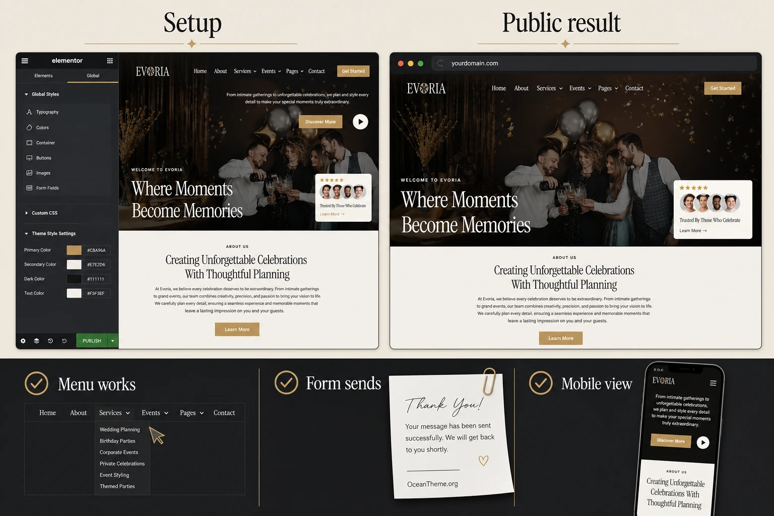 Checking the live front end of an Evoria site after setting up the home page, menu, and form