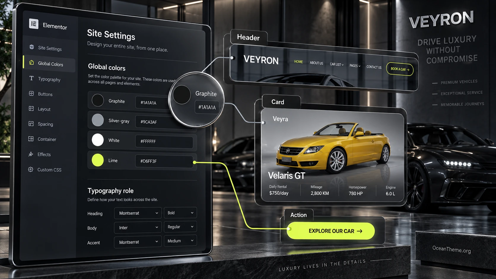 Global palette, typography, and header configuration in ThemeForest Veyron