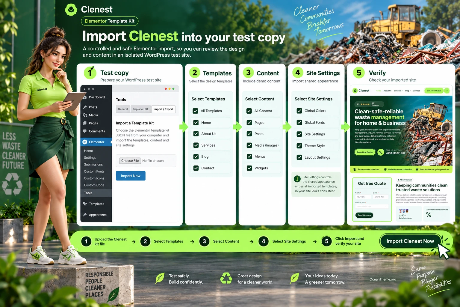 Safe ThemeForest Clenest import map in Elementor on a test website