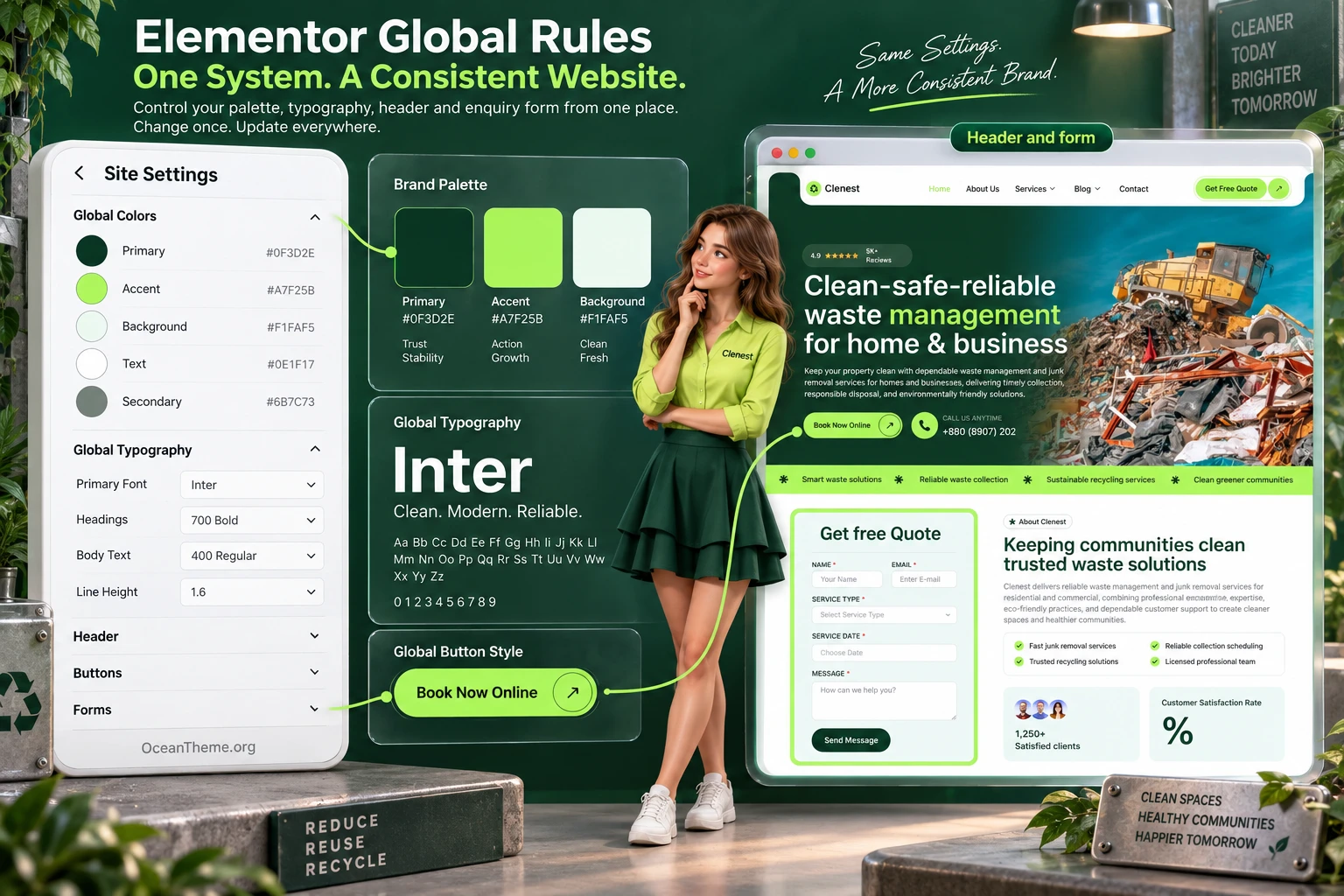 Configuring the global palette, typography, and ThemeForest Clenest header in Elementor