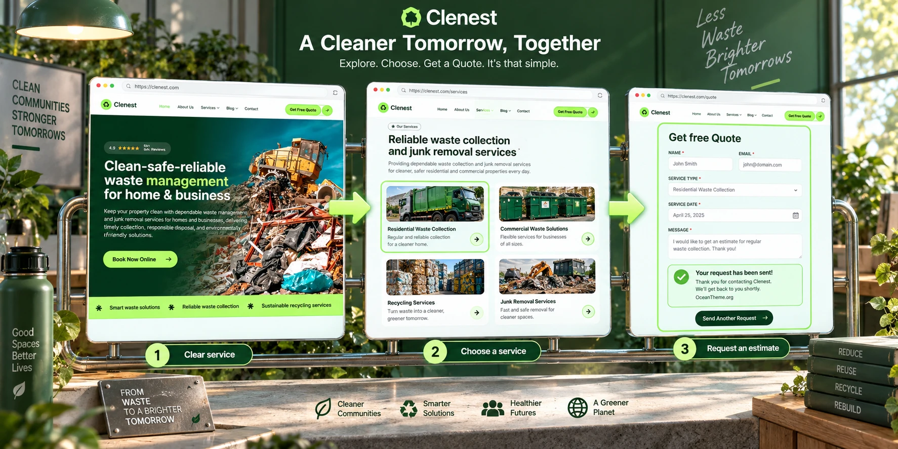 Example of a homepage and service card layout in the ThemeForest Clenest style