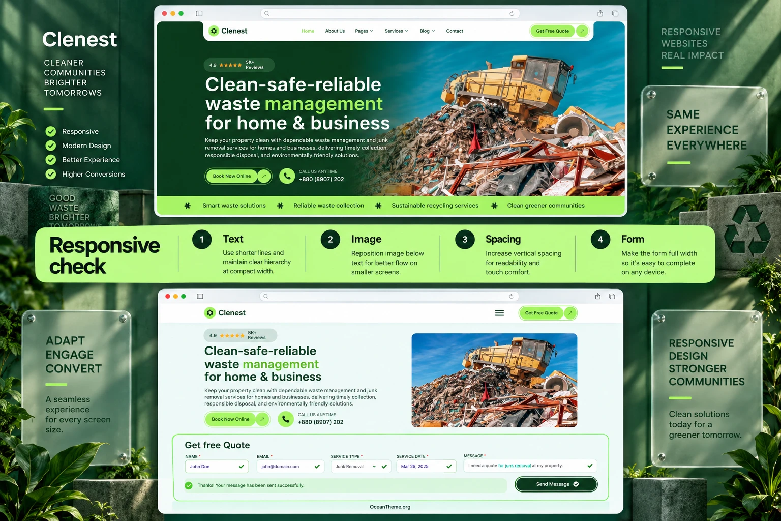 Checking responsiveness and the path from settings to the public ThemeForest Clenest page